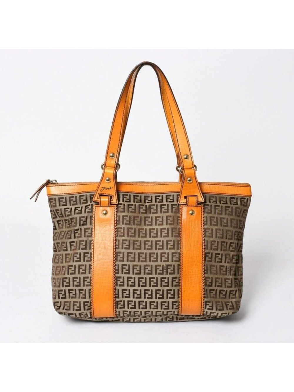 Fendi Zucchino Tote Bag Canvas Leather Brown Orange Gold
